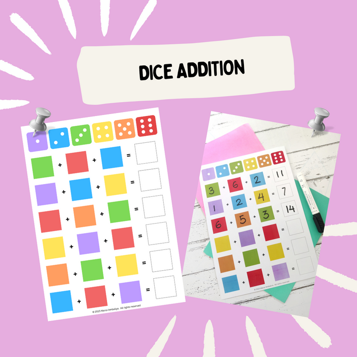 Dice Addition Worksheet for Kids (Digital Download )