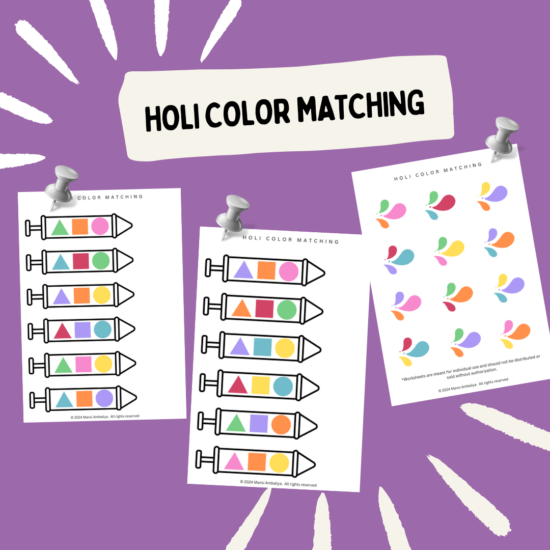 Holi Color Matching Worksheet for Kids (Digital Download)