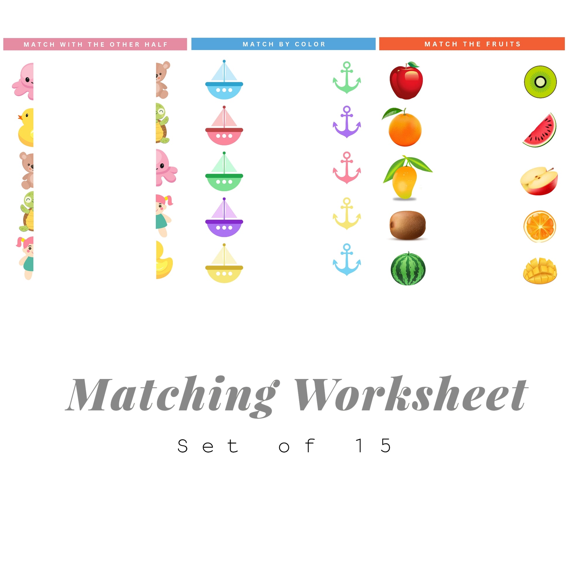 Set of 15 Matching Worksheets for Kids (Digital Download)